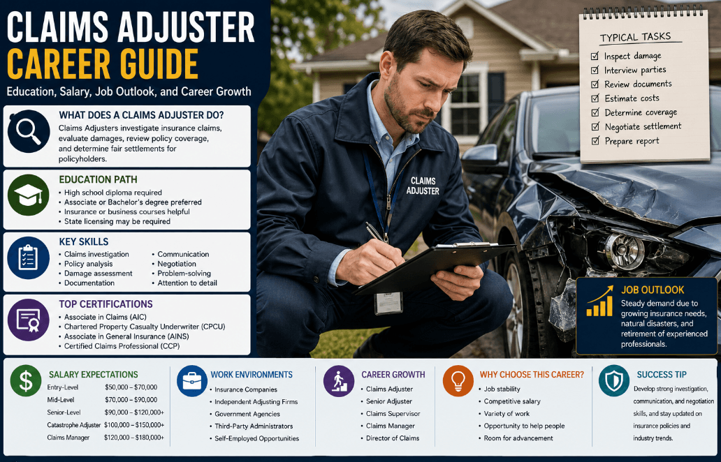 Claims Adjuster Career Guide: Education, Salary, Job Outlook, and Career Growth